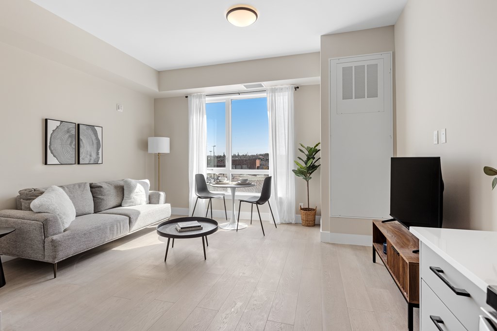 A living room with a grey couch, a black TV, and a large window with a view of the city.
