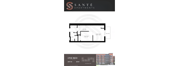 A floor plan for a one bedroom apartment at Sante Apartments.