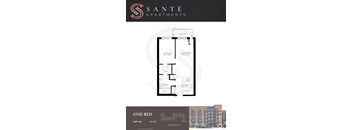 A floor plan for a one bedroom apartment at Sante Apartments.