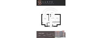 A floor plan for a one bedroom apartment at Sante apartments.