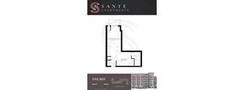 A drawing of a floor plan for a one bedroom apartment at Sante Apartments.