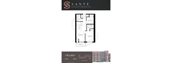 A floor plan for a two bedroom apartment at Sante Apartments.