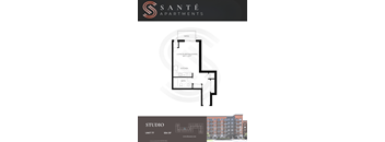 A brochure for a studio apartment in a building called Sante Apartments.