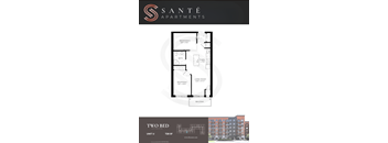 A floor plan for a two bedroom apartment at Sante Apartments.