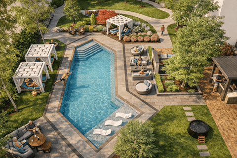 A large outdoor swimming pool surrounded by a grassy area and trees.
