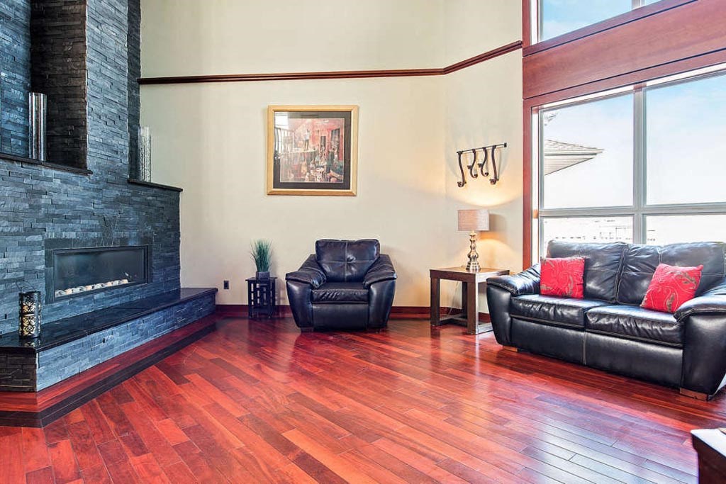 a living room with leather furniture and a fireplace
