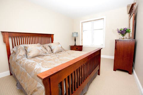 a bedroom with a bed and a dresser and a window