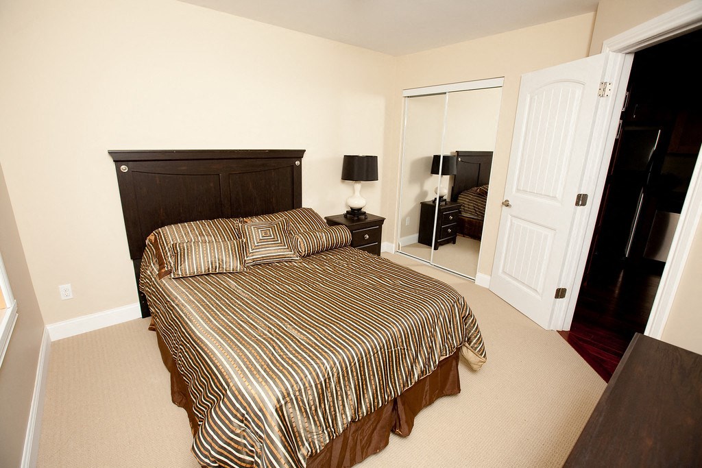 a bedroom with a bed and a closet