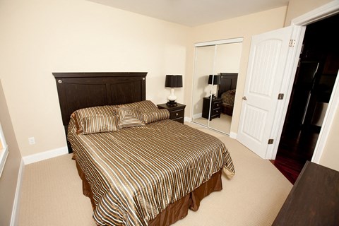 a bedroom with a bed and a closet