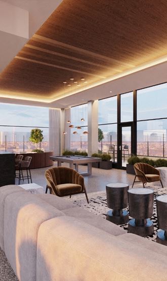 a rendering of a living room with large floor to ceiling windows
