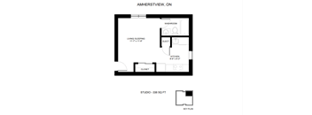 A floor plan of a studio apartment with a living room, kitchen, closet, and bathroom.