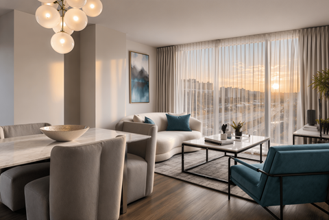 A modern living room with a dining table and chairs.