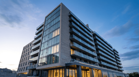 A modern building with a lot of windows and balconies is shown.