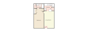 A floor plan of a room with a bedroom, living room, and kitchen.