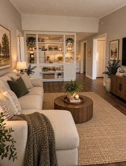A living room with a grey couch, a wooden coffee table, and a rug.