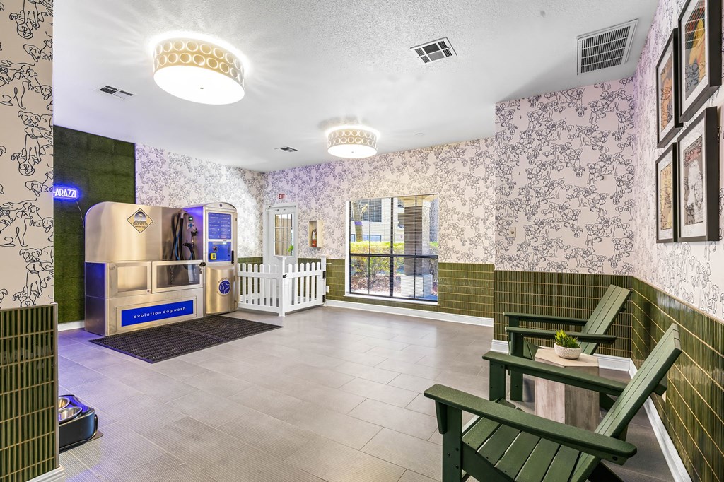 A waiting area with a bench and a wall with a pattern.