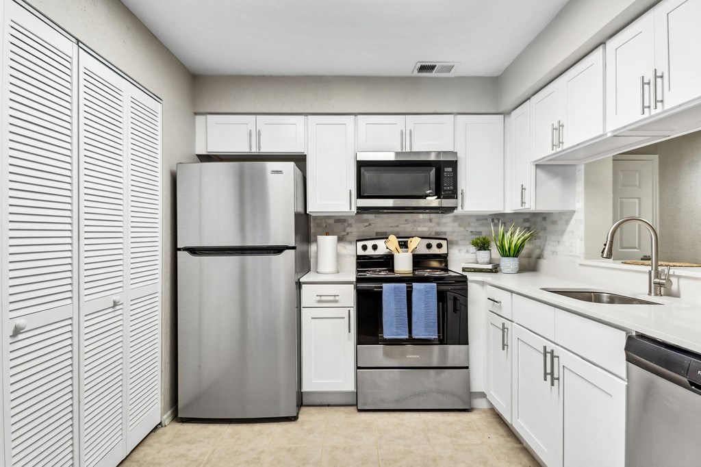 a kitchen with stainless steel appliances and white cabinets at Reserve at Temple Terrace, Temple Terrace
