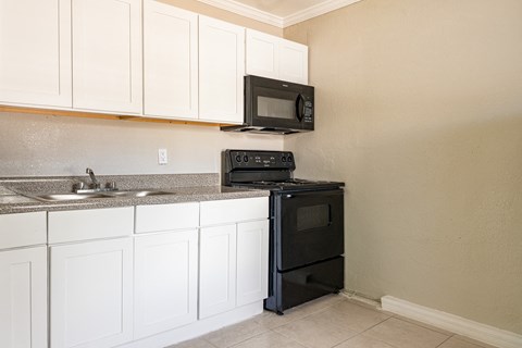 A black oven and microwave on a kitchen counter.
