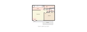 A floor plan of a small apartment with one bedroom, one bathroom, and a kitchen.