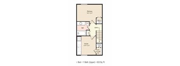A floor plan of a one bedroom apartment with an upper bath.