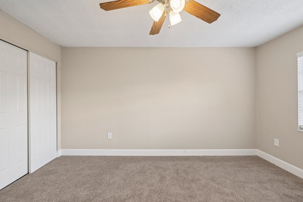 A room with a ceiling fan and carpeted floor.