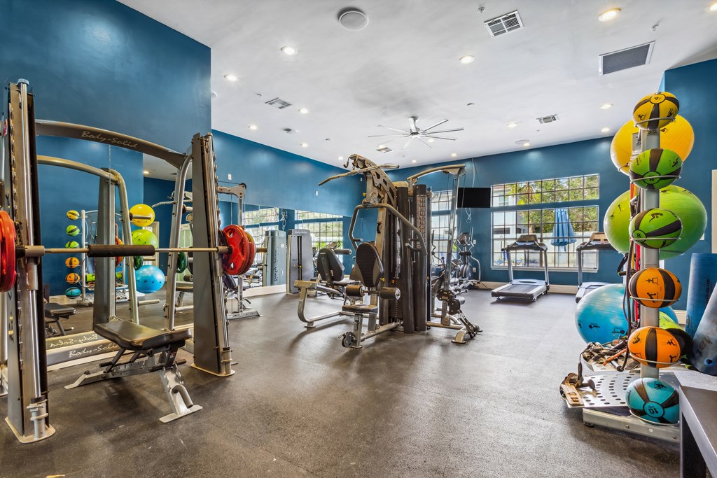 a gym with weights and cardio equipment in a building with blue walls