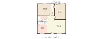 2 Bedroom 1 Bath 2D Floorplan at North Washington Apartments