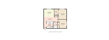 2 Bedroom 1 Bath 2D Floorplan at Lago Bello Apartment