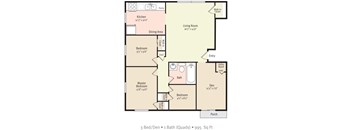 A floor plan of a 3 bedroom/1 bathroom house with a porch.