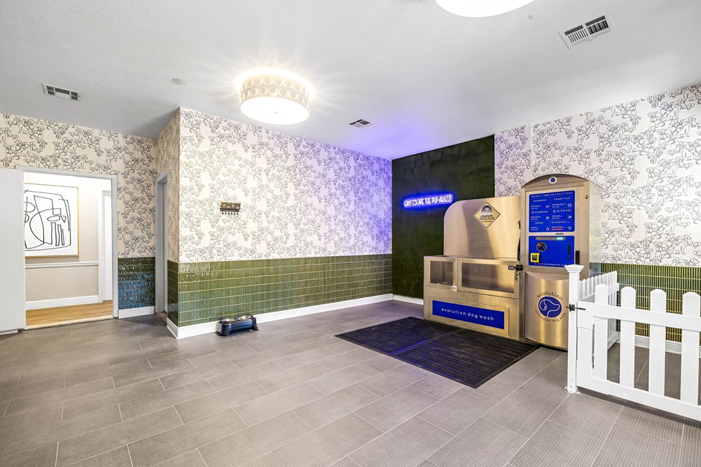 A room with a white picket fence and a blue sign on the wall.