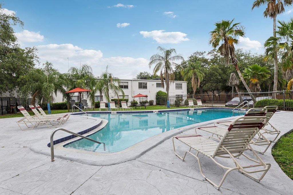 A pool surrounded by palm trees and lounge chairs.