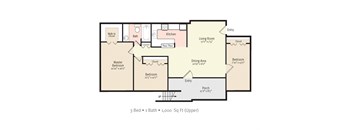 3BR 1Bath Floor Plan at Kings Trail Apartment Homes, Florida, 32217