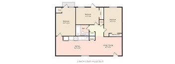3 Bedroom 1 Bath 2D Floorplan, 936 sq ft, at North Washington Apartments