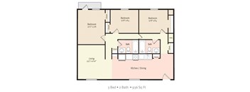 3 Bedroom 2 Bath 2D Floorplan, 936 sq ft, at North Washington Apartments