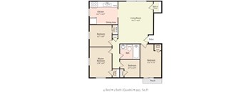 A floor plan of a house with four bedrooms and one bathroom.