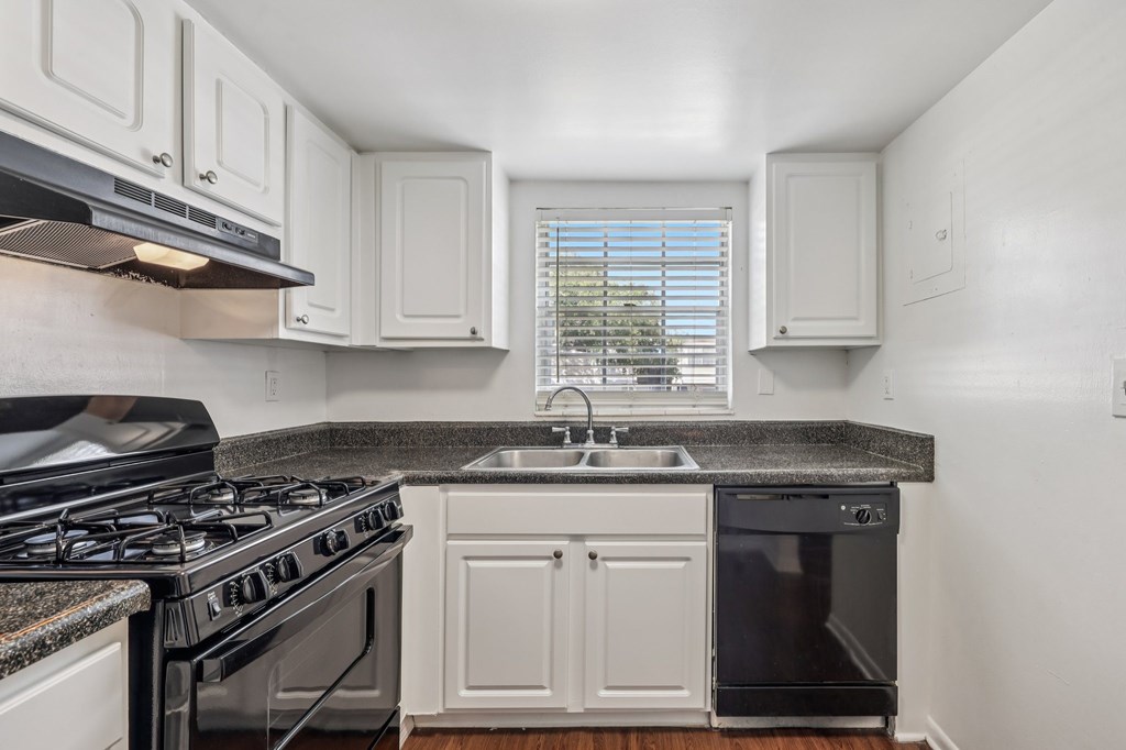 A kitchen with a black stove top oven and a black dishwasher.