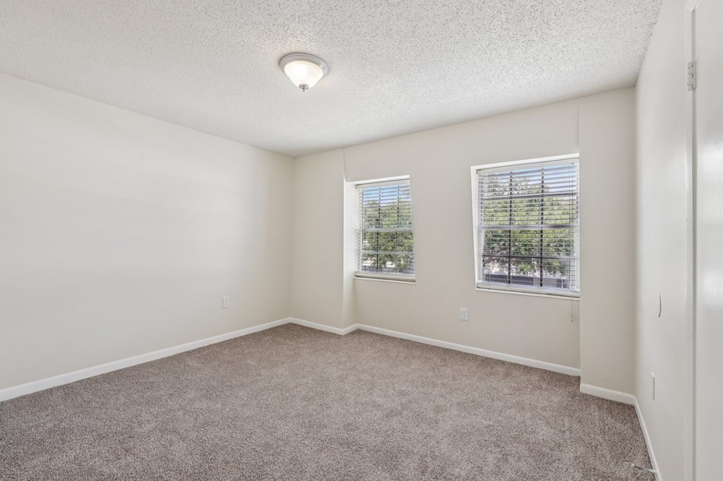 A room with carpeted floor and two windows.