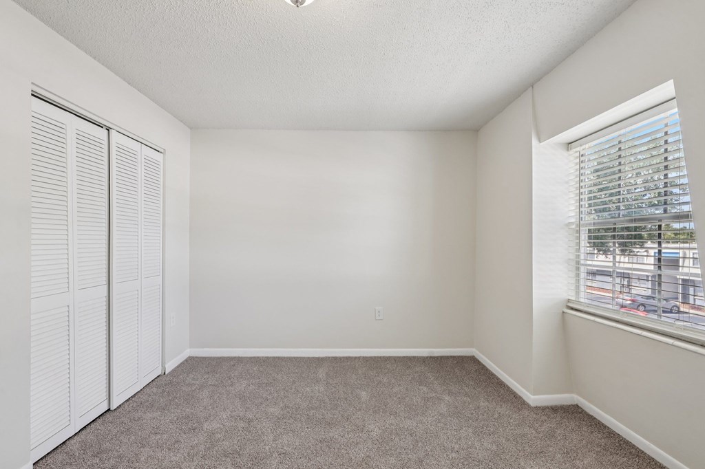 A room with white walls, carpeted floor, and a window with blinds.