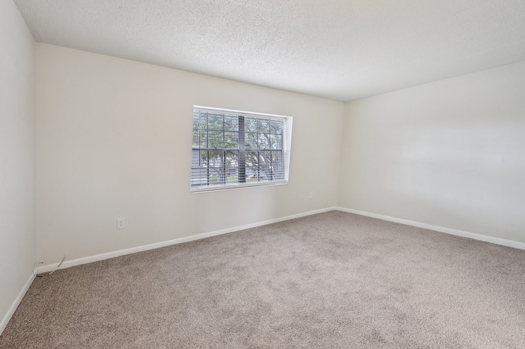 A room with a carpeted floor and a window.