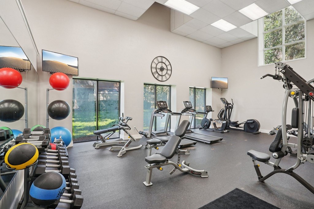 A gym with a variety of equipment including weights and cardio machines.