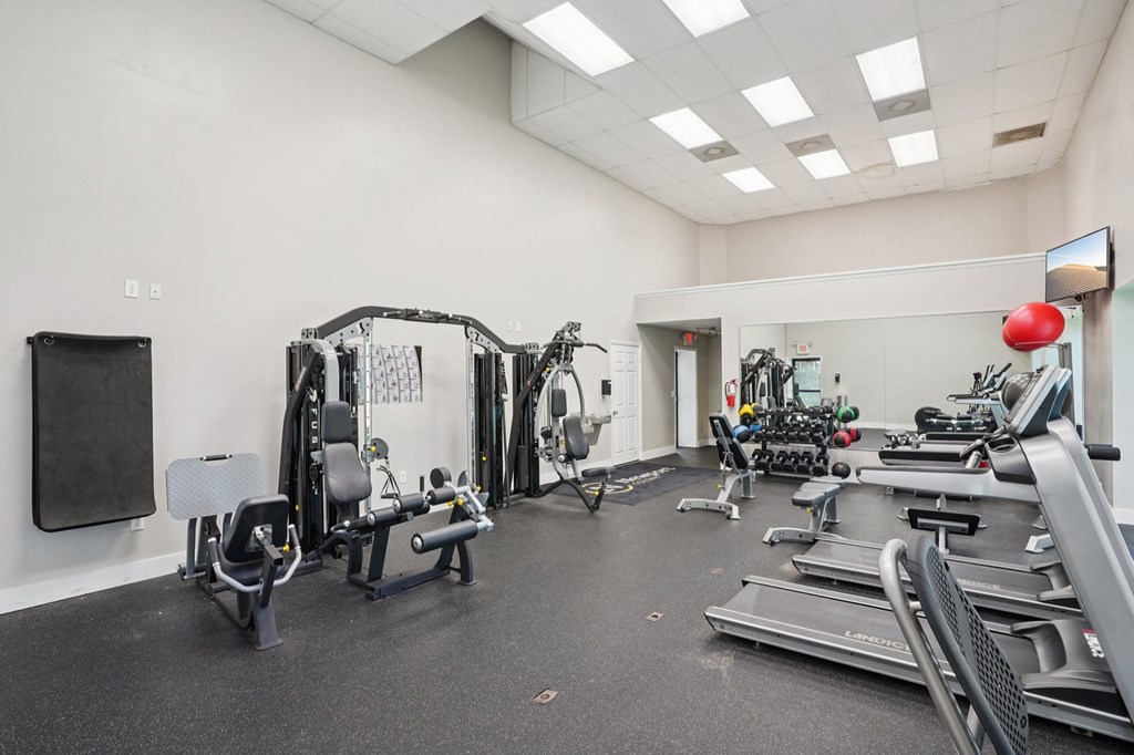 A gym with a variety of equipment including treadmills, weights, and exercise machines.
