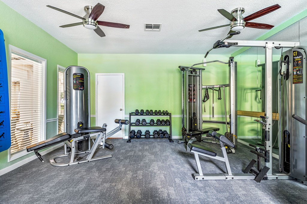 A home gym with a variety of equipment including weights and machines.