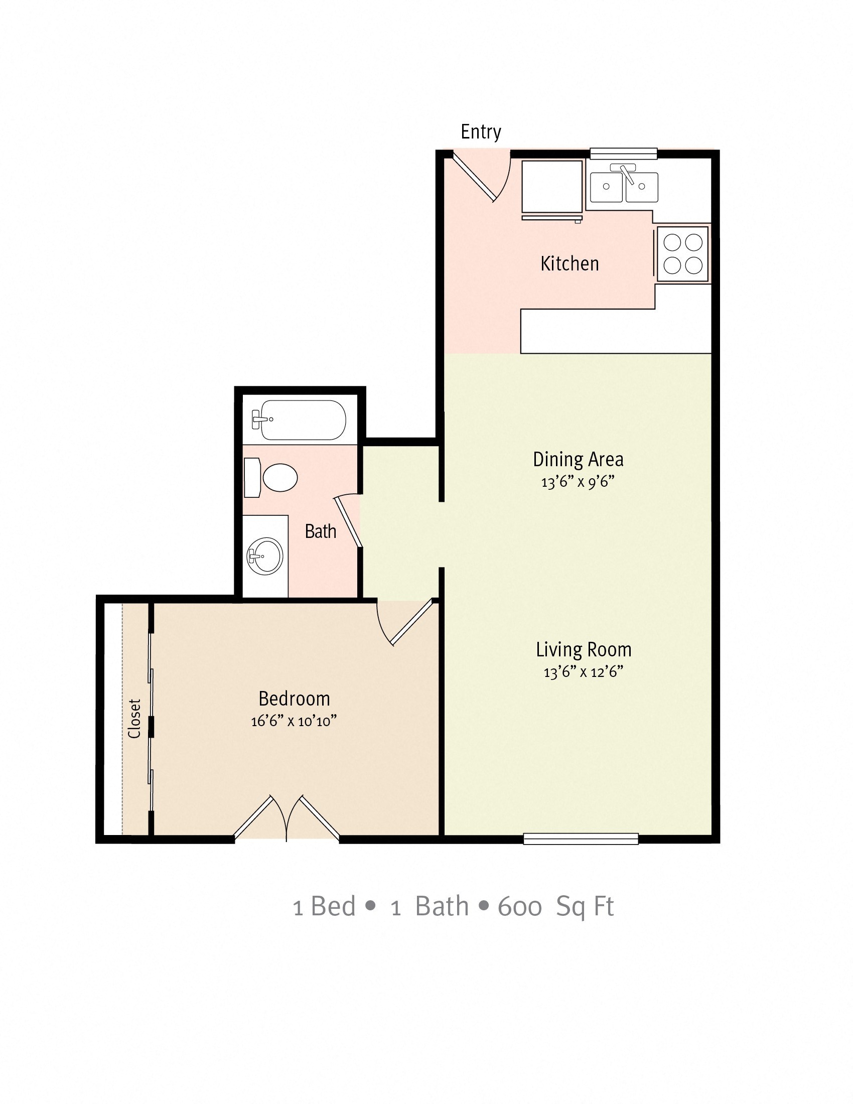1 Bedroom 1 Bath 2D Floorplan at Bella Mar Apartments