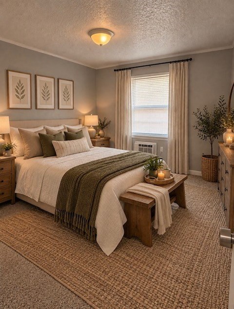 A bedroom with a large bed and a window with blinds.