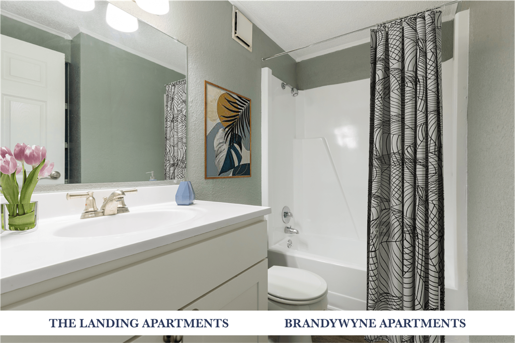 A bathroom with a sink, mirror, toilet, and shower.