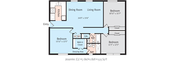 a floor plan of a living room and dining room with a walk in closet