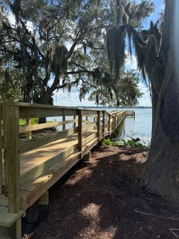 A wooden walkway leads to a body of water with trees on either side.