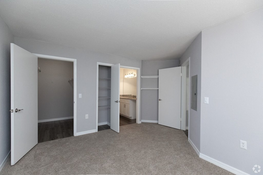A room with white walls and carpeted floor with four doors.