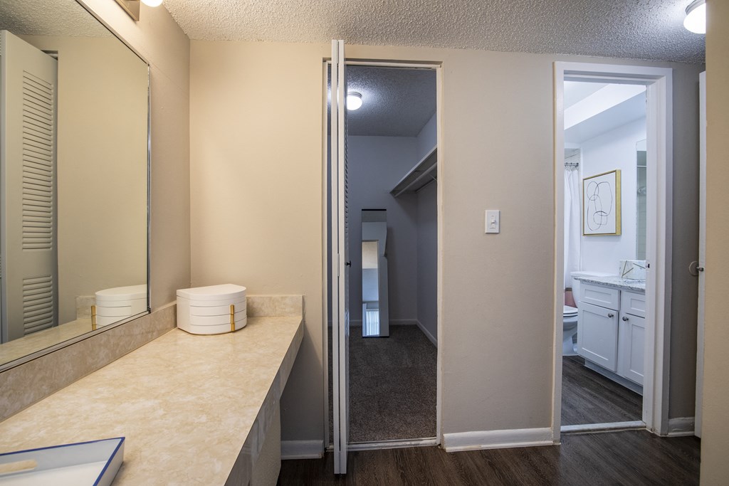 A bathroom with a vanity and a mirror.