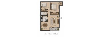 A floor plan of a 2 bedroom, 1 bathroom apartment is shown.